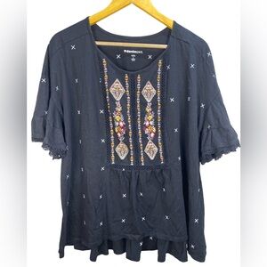 Denim 24 Seven Embroidered Tunic Top Black White Print Size L 18/20